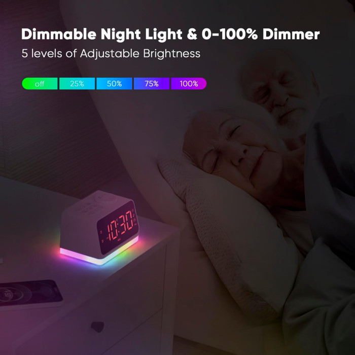 Це багатофункціональний цифровий будильник AFEXOA з FM-радіо, регульованим підсвічуванням, двома будильниками та портами для заряджання пристроїв