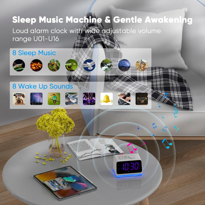 Це багатофункціональний цифровий будильник AFEXOA з FM-радіо, регульованим підсвічуванням, двома будильниками та портами для заряджання пристроїв