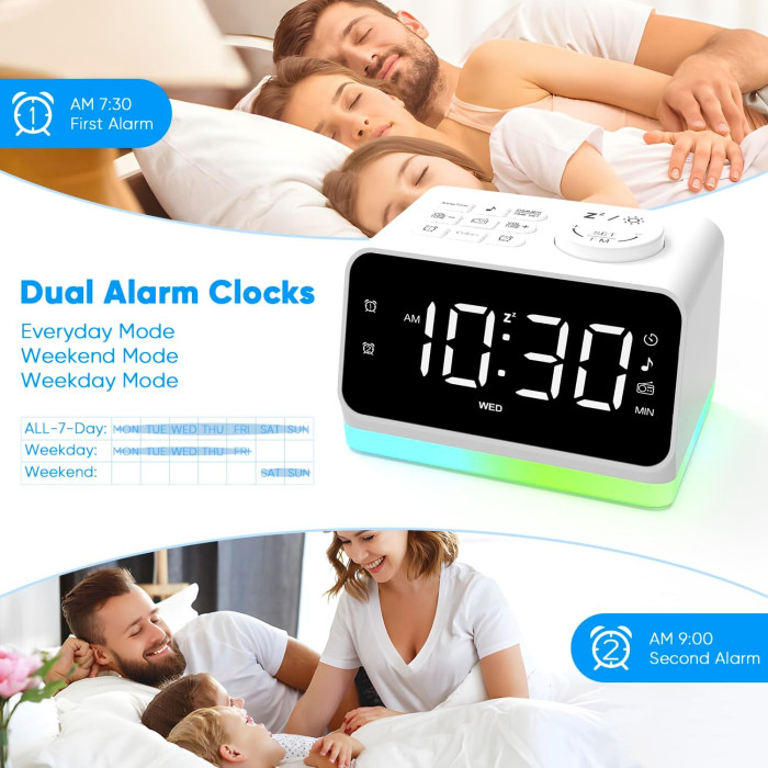 Це багатофункціональний цифровий будильник AFEXOA з FM-радіо, регульованим підсвічуванням, двома будильниками та портами для заряджання пристроїв