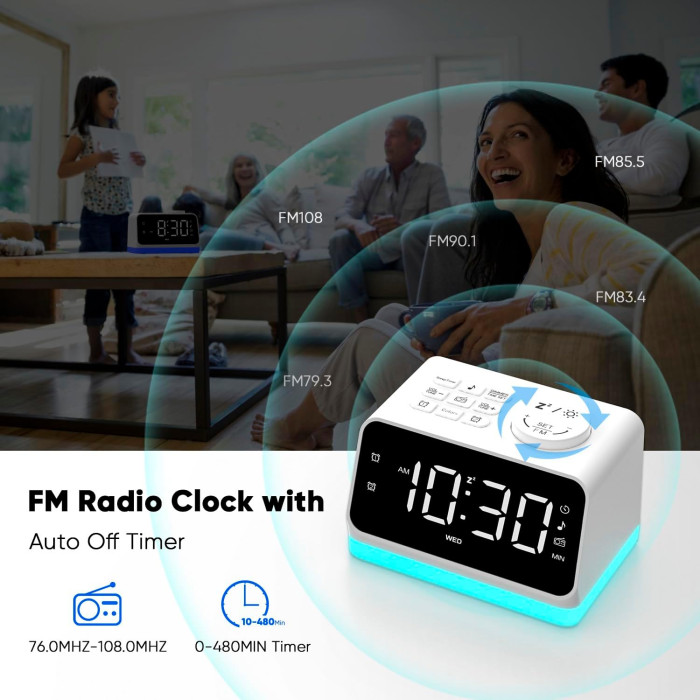 Це багатофункціональний цифровий будильник AFEXOA з FM-радіо, регульованим підсвічуванням, двома будильниками та портами для заряджання пристроїв