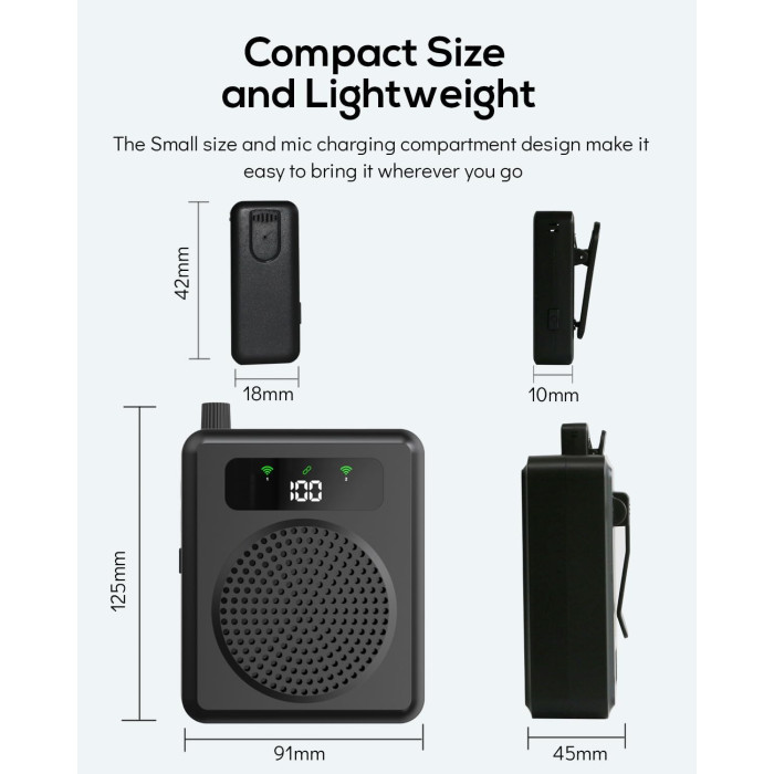 Портативный усилитель голоса с беспроводным микрофоном QEEKADA Black