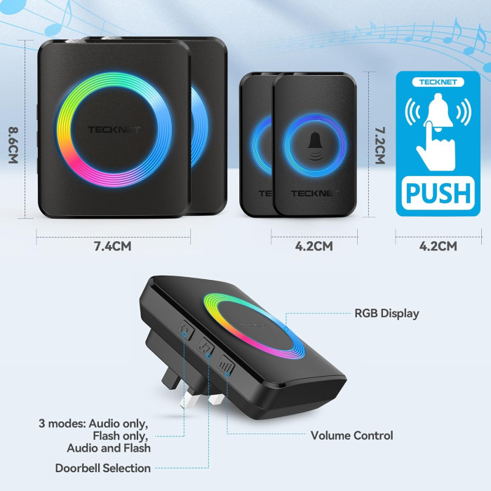 Бездротовий дверний дзвінок TECKNET HWD01888 з 2 кнопками та 2 приймачами Black