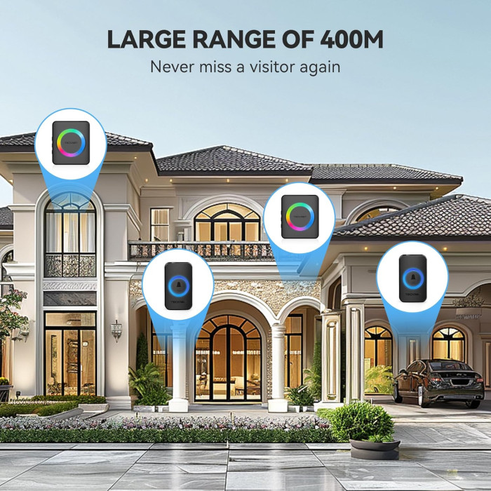 Бездротовий дверний дзвінок TECKNET HWD01888 з 2 кнопками та 2 приймачами Black