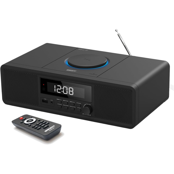 Домашня стереосистема WISCENT WTB-798 з CD-плеєром, потужністю 20 Вт, FM-радіо, Bluetooth, USB, MP3, AUX та цифровим подвійним будильником