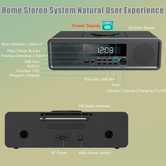 Домашня стереосистема WISCENT WTB-798 з CD-плеєром, потужністю 20 Вт, FM-радіо, Bluetooth, USB, MP3, AUX та цифровим подвійним будильником
