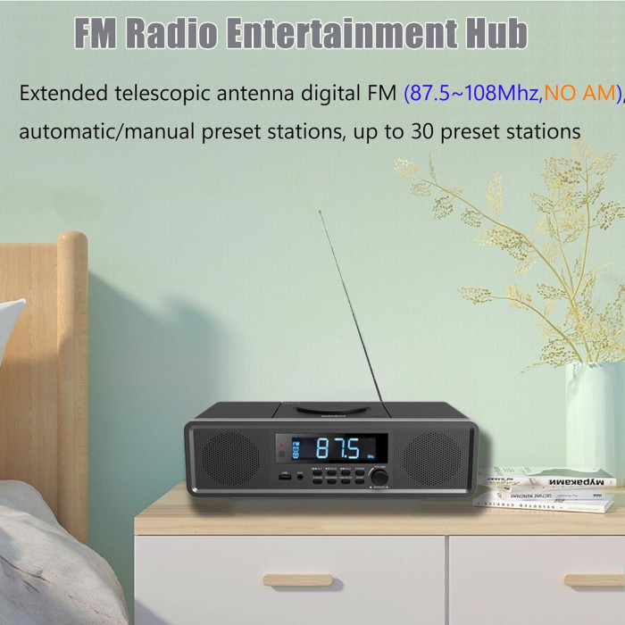 Домашня стереосистема WISCENT WTB-798 з CD-плеєром, потужністю 20 Вт, FM-радіо, Bluetooth, USB, MP3, AUX та цифровим подвійним будильником
