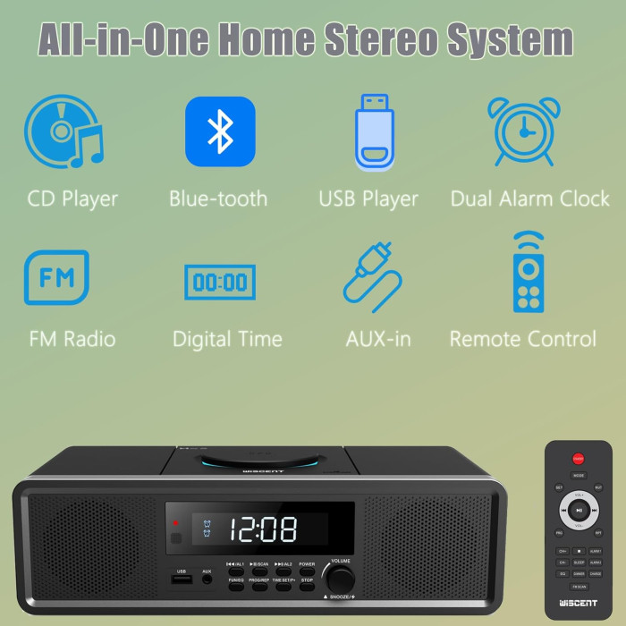 Домашня стереосистема WISCENT WTB-798 з CD-плеєром, потужністю 20 Вт, FM-радіо, Bluetooth, USB, MP3, AUX та цифровим подвійним будильником