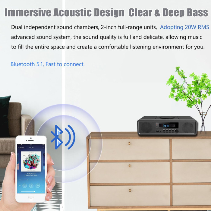 Домашня стереосистема WISCENT WTB-798 з CD-плеєром, потужністю 20 Вт, FM-радіо, Bluetooth, USB, MP3, AUX та цифровим подвійним будильником