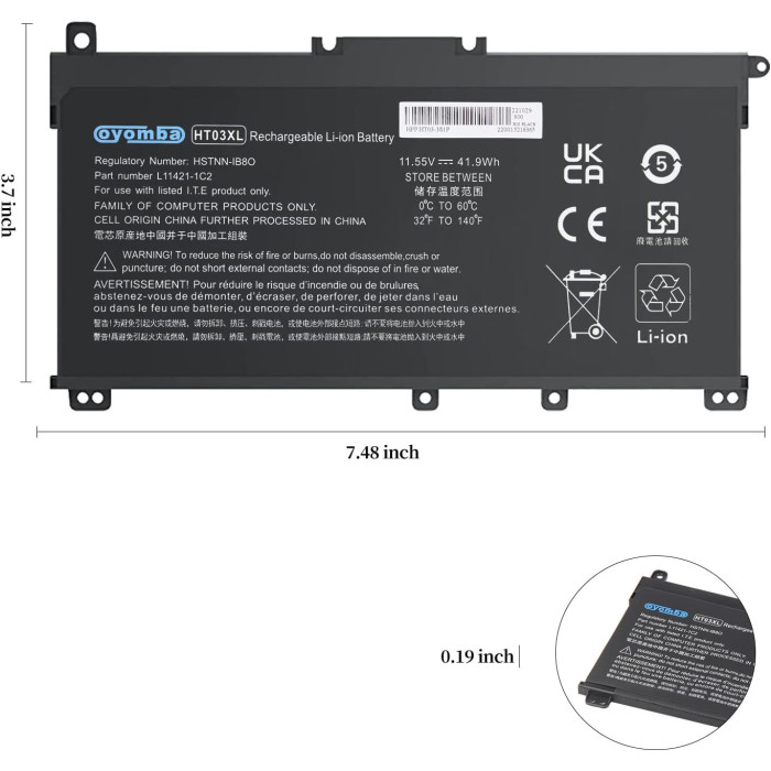 Акумуляторна батарея Oyomba для ноутбука HP Pavilion HT03XL