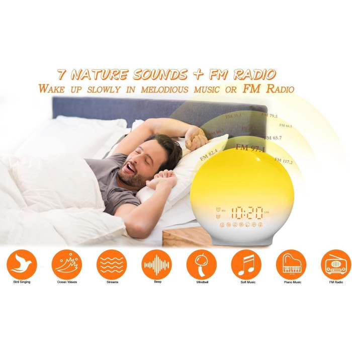 Світловий будильник Wake Up Light ACA-002-B з імітацією сходу та заходу сонця, подвійним будильником і 7 ​​природних звуків
