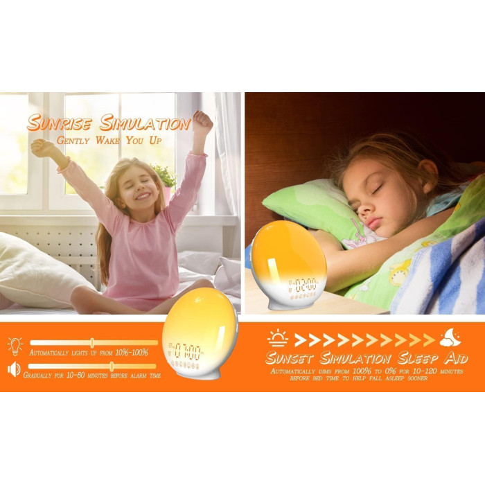 Світловий будильник Wake Up Light ACA-002-B з імітацією сходу та заходу сонця, подвійним будильником і 7 ​​природних звуків