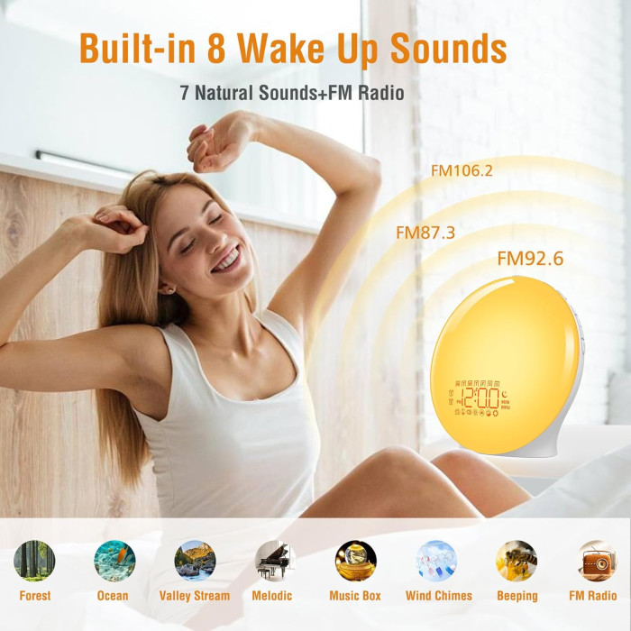 Світловий будильник YAZEKY Wake Up Light імітацією сходу та заходу сонця, FM-раді, подвійним будильником і 7 ​​природних звуків