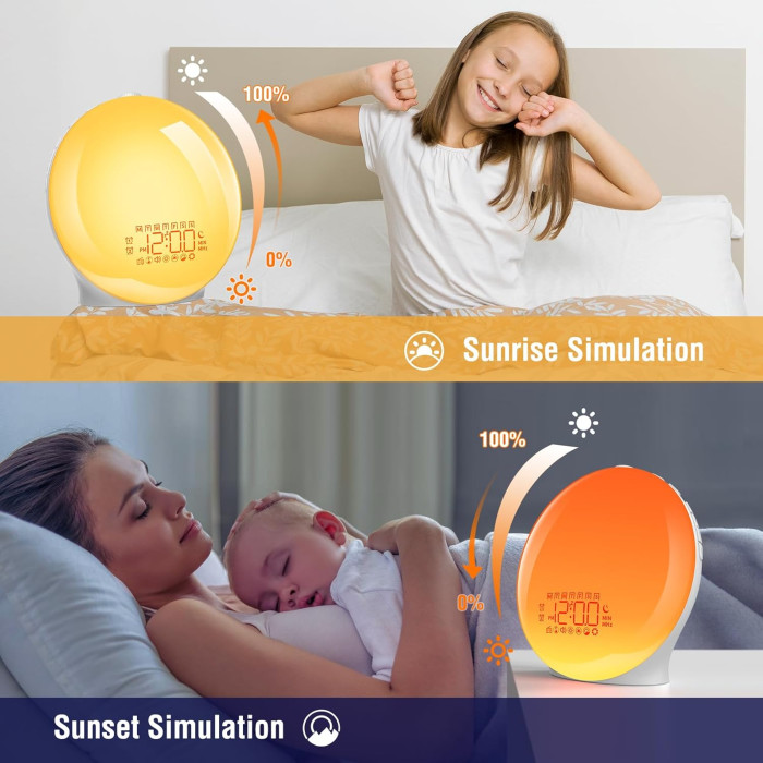 Світловий будильник YAZEKY Wake Up Light імітацією сходу та заходу сонця, FM-раді, подвійним будильником і 7 ​​природних звуків
