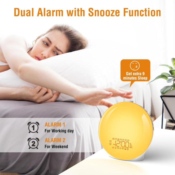 Світловий будильник YAZEKY Wake Up Light імітацією сходу та заходу сонця, FM-раді, подвійним будильником і 7 ​​природних звуків