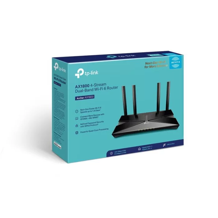 Двухдиапазонный беспроводной маршрутизатор (роутер) TP-Link ARCHER AX1800 (AX1800 Wi-Fi6, 1xGE WAN, 4xGE LAN, OneMesh) Black