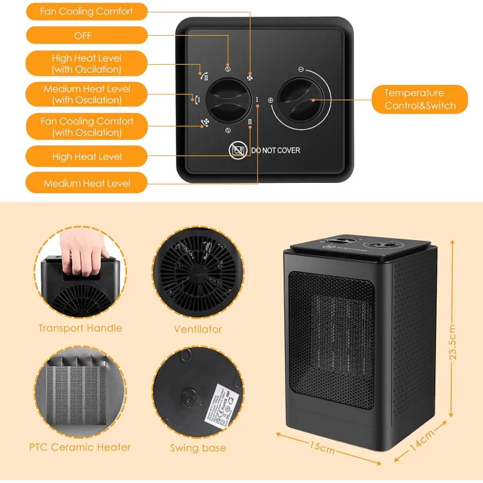 Портативный керамический тепловентилятор PTC-1500N1 Black