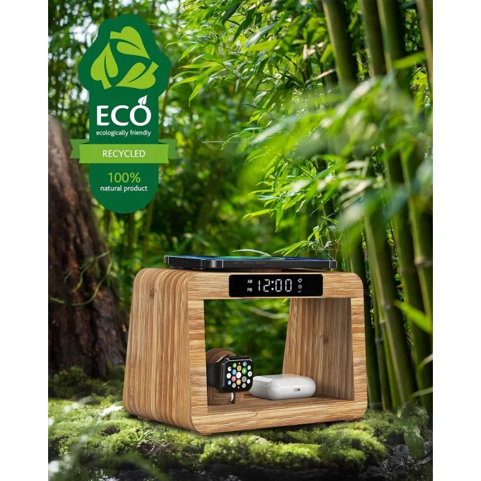 Багатофункціональна настільна лампа-будильник Bamboo 6955 з бездротовим зарядним пристроєм